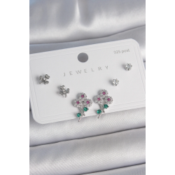 Mey İthalat® Pirinç Gümüş Renk Renkli Zirkon Taşlı Çiçek Model Yaprak Detay 925 Ayar Gümüş Çivi Kadın Küpe Seti