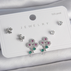 Mey İthalat® Pirinç Gümüş Renk Renkli Zirkon Taşlı Çiçek Model Yaprak Detay 925 Ayar Gümüş Çivi Kadın Küpe Seti