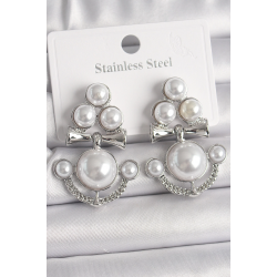 Mey İthalat® Pirinç Gümüş Renk Sallantı İncili Çapa Model Kadın Küpe