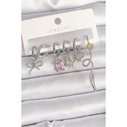 Mey İthalat® Pirinç Gümüş Renk Sallantı Kurdele Kuyruklu Yıldız Figür Pembe Kare Zirkon Taş Detay Kadın Küpe Seti