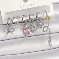 Mey İthalat® Pirinç Gümüş Renk Sallantı Kurdele Kuyruklu Yıldız Figür Pembe Kare Zirkon Taş Detay Kadın Küpe Seti