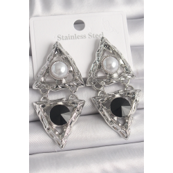 Mey İthalat® Pirinç Gümüş Renk Sallantı Üçgen Model İnci Detay Kadın Küpe