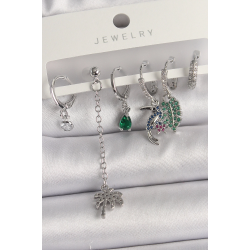 Mey İthalat® Pirinç Gümüş Renk Sallantı Zirkon Taşlı Ağaç Figür Çoklu Kadın Küpe Seti