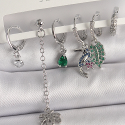 Mey İthalat® Pirinç Gümüş Renk Sallantı Zirkon Taşlı Ağaç Figür Çoklu Kadın Küpe Seti