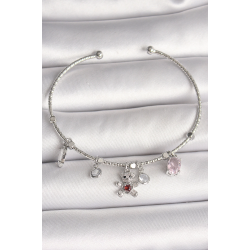 Mey İthalat® Pirinç Gümüş Renk Sallantı Zirkon Taşlı Ayıcık Figür Kırmızı Taş Detay Charm Kadın Bileklik