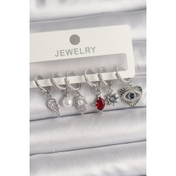 Mey İthalat® Pirinç Gümüş Renk Sallantı Zirkon Taşlı Fatma Ana El Figür Kadın Küpe Seti