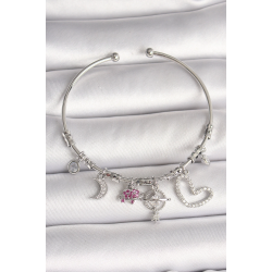 Mey İthalat® Pirinç Gümüş Renk Sallantı Zirkon Taşlı Gezegen Figür Kalp Detay Charm Kadın Bileklik