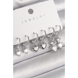 Mey İthalat® Pirinç Gümüş Renk Sallantı Zirkon Taşlı Kalp Model Taç Detay Kadın Küpe Seti