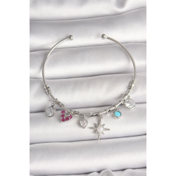 Mey İthalat® Pirinç Gümüş Renk Sallantı Zirkon Taşlı Kutup Yıldız Figür Kalp Detay Charm Kadın Bileklik