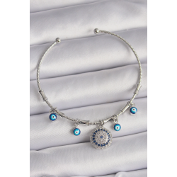 Mey İthalat® Pirinç Gümüş Renk Sallantı Zirkon Taşlı Nazar Boncuk Figür Charm Bileklik