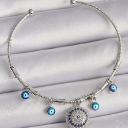 Mey İthalat® Pirinç Gümüş Renk Sallantı Zirkon Taşlı Nazar Boncuk Figür Charm Bileklik