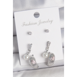 Mey İthalat® Pirinç Gümüş Renk Sallantılı Zirkon Taşlı Damla Model 3 Çift Kadın Küpe Seti