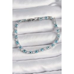 Mey İthalat® Pirinç Gümüş Renk Su Yolu Zirkon Taşlı Nazar Boncuklu Kadın Bileklik