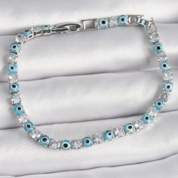 Mey İthalat® Pirinç Gümüş Renk Su Yolu Zirkon Taşlı Nazar Boncuklu Kadın Bileklik