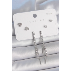 Mey İthalat® Pirinç Gümüş Renk Su Yolu Zirkon Taşlı Sallantı Model Çiçek Detay 925 Ayar Gümüş Çivi Kadın Küpe Seti