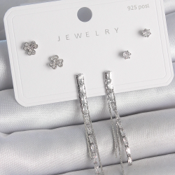 Mey İthalat® Pirinç Gümüş Renk Su Yolu Zirkon Taşlı Sallantı Model Çiçek Detay 925 Ayar Gümüş Çivi Kadın Küpe Seti