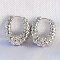 Mey İthalat® Pirinç Gümüş Renk Tırtık Detay Bombeli Halka Küpe