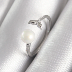 Mey İthalat® Pirinç Gümüş Renk Top İnci Figür Balık Kuyruğu Model Kadın Yüzük