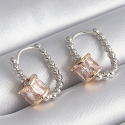 Mey İthalat® Pirinç Gümüş Renk Top Model Gold Renk Zirkon Taşlı Kadın Küpe