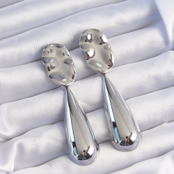 Mey İthalat® Pirinç Gümüş Renk Uzun Bombeli Ezme Plaka Küpe