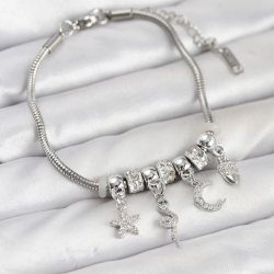 Mey İthalat® Pirinç Gümüş Renk Yılan Charmlı Kadın Bileklik