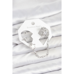 Mey İthalat® Pirinç Gümüş Renk Yıldız Model Zincir Bağlantılı Ear Cuff Küpe Seti