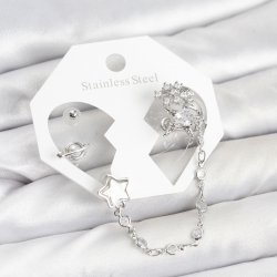 Mey İthalat® Pirinç Gümüş Renk Yıldız Model Zincir Bağlantılı Ear Cuff Küpe Seti