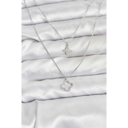 Mey İthalat® Pirinç Gümüş Renk Yonca Model 2'li Kadın Kolye