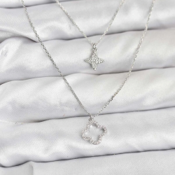 Mey İthalat® Pirinç Gümüş Renk Yonca Model 2'li Kadın Kolye