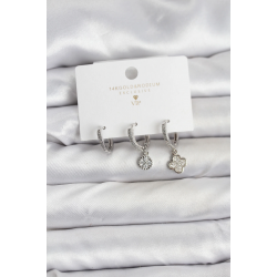 Mey İthalat® Pirinç Gümüş Renk Yonca Model 3'lü Kadın Küpe Seti