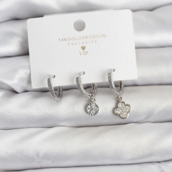 Mey İthalat® Pirinç Gümüş Renk Yonca Model 3'lü Kadın Küpe Seti