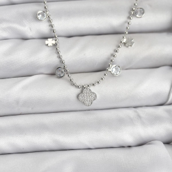 Mey İthalat® Pirinç Gümüş Renk Yonca Model Kadın Kolye