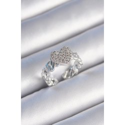 Mey İthalat® Pirinç Gümüş Renk Zincir Kordon Zirkon Taşlı Kalp Model Kadın Yüzük