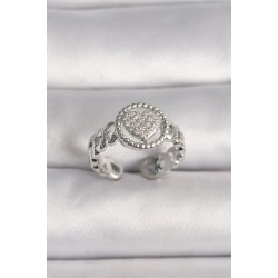 Mey İthalat® Pirinç Gümüş Renk Zincir Model Zirkon Taşlı Kalp Model Kadın Yüzük