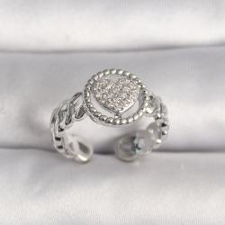 Mey İthalat® Pirinç Gümüş Renk Zincir Model Zirkon Taşlı Kalp Model Kadın Yüzük