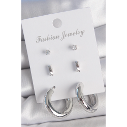 Mey İthalat® Pirinç Gümüş Renk Zirkon Taş Detay Halka Model 3 Çift Kadın Küpe Seti