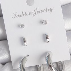 Mey İthalat® Pirinç Gümüş Renk Zirkon Taş Detay Halka Model 3 Çift Kadın Küpe Seti