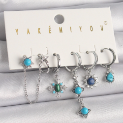 Mey İthalat® Pirinç Gümüş Renk Zirkon Taş Detaylı Mavi Boncuklu Çiçek Model VIP Seri Kadın Küpe Kombini