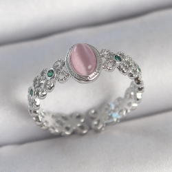 Mey İthalat® Pirinç Gümüş Renk Zirkon Taş Detaylı Pembe Mineli Damla Model Ayarlanabilir Kadın Yüzük