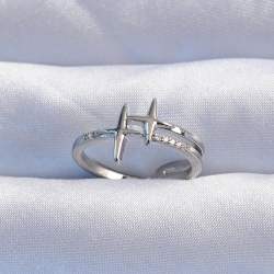 Mey İthalat® Pirinç Gümüş Renk Zirkon Taşlı 2li Görünüm Ayarlanabilir Yıldız Model Yüzük