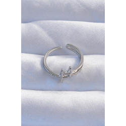 Mey İthalat® Pirinç Gümüş Renk Zirkon Taşlı 2li Görünüm Ayarlanabilir Yıldız Model Yüzük