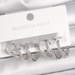 Mey İthalat® Pirinç Gümüş Renk Zirkon Taşlı 3 Çift Kalp Model Kadın Küpe