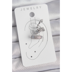 Mey İthalat® Pirinç Gümüş Renk Zirkon Taşlı 3'Lü Model Yaprak Figür Kadın Kıkırdak Küpe