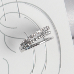 Mey İthalat® Pirinç Gümüş Renk Zirkon Taşlı 3'Lü Sıralı Model Kadın Kıkırdak Küpe