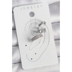 Mey İthalat® Pirinç Gümüş Renk Zirkon Taşlı 3'Lü Zincir Sarmal Model Kadın Kıkırdak Küpe