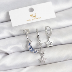 Mey İthalat® Pirinç Gümüş Renk Zirkon Taşlı Ay ve Yıldız Model YSX Trio Küpe Seti