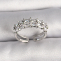 Mey İthalat® Pirinç Gümüş Renk Zirkon Taşlı Ayarlanabilir Yüzük