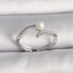 Mey İthalat® Pirinç Gümüş Renk Zirkon Taşlı Ayarlanabilir Yüzük