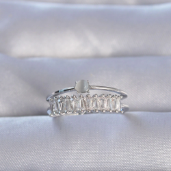 Mey İthalat® Pirinç Gümüş Renk Zirkon Taşlı Baget Su Yolu Model Ayarlanabilir Yüzük