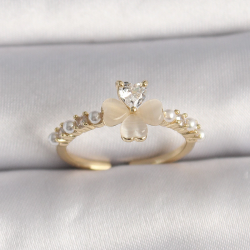 Mey İthalat® Pirinç Gümüş Renk Zirkon Taşlı Beyaz Mineli Yonca Model İnci Detay Ayarlanabilir Yüzük